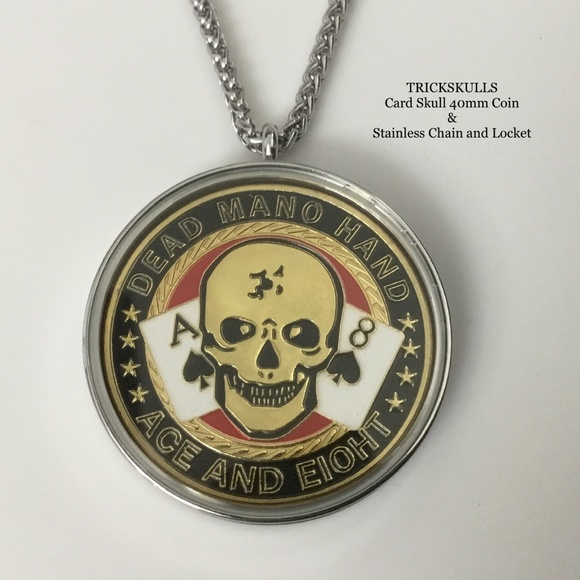 Card Guard Skeleton Skull Enamel Coin Stainless Locket 45-60cm Wheat Link Chain - Picture 7 of 8